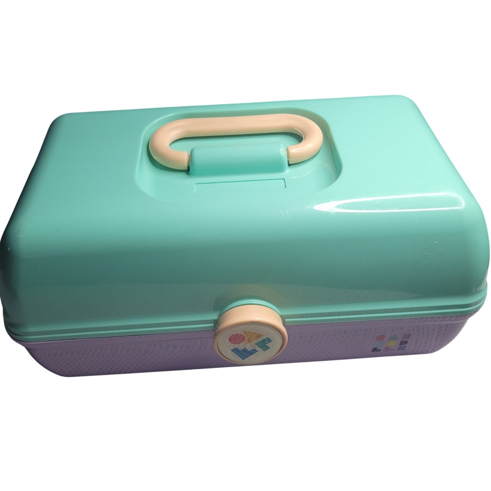 Vintage Caboodles Makeup Case Organizer Teal Lavender Pastel Mirror Storage Box